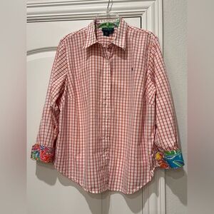 Lauren Ralph Lauren Orange Plaid Paisley Tropical Button Down 1X